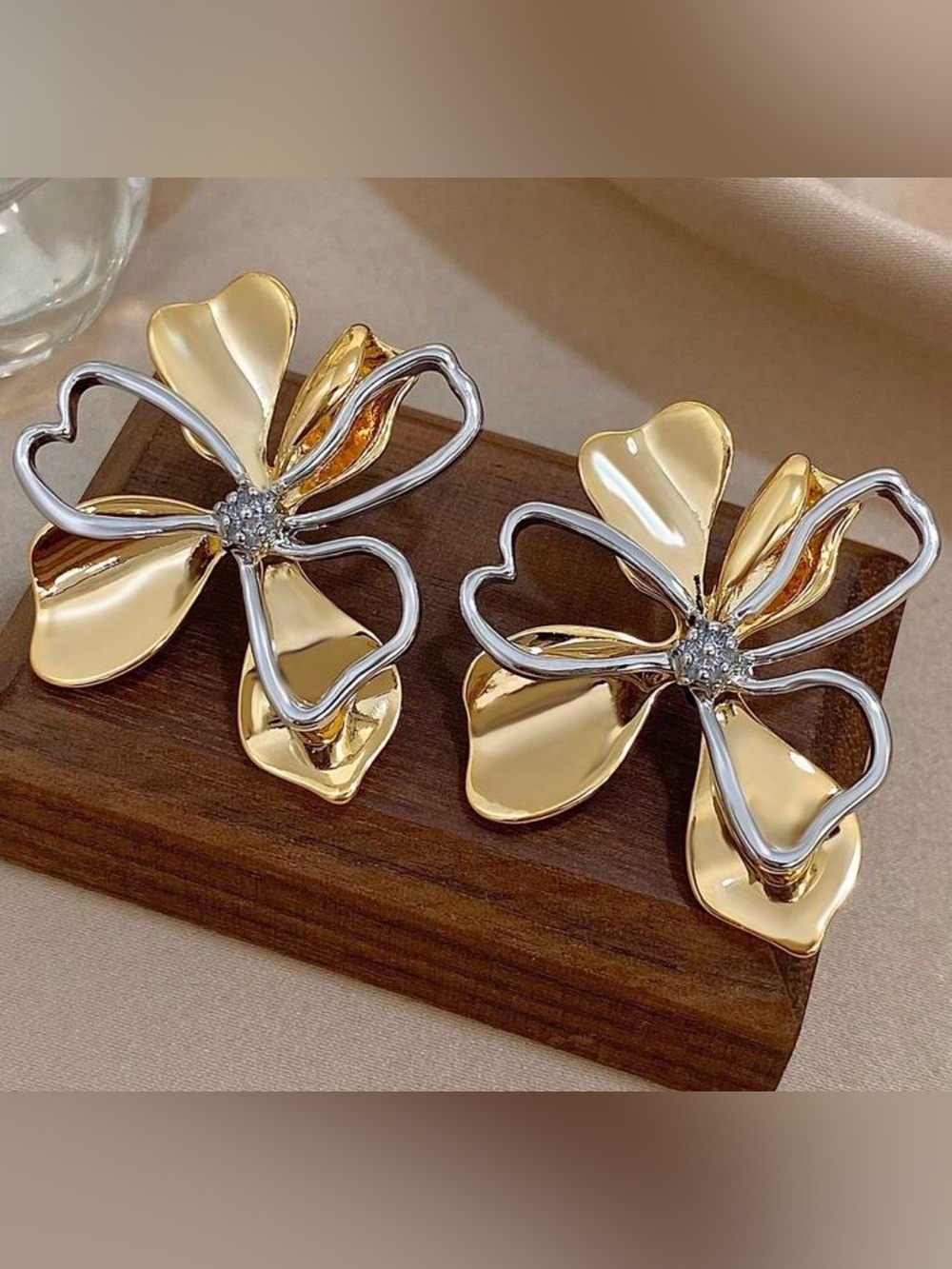 Gold Tone Floral Statement Earrings with Crystal Center | Elegant Oversized - Picture 3 of 3